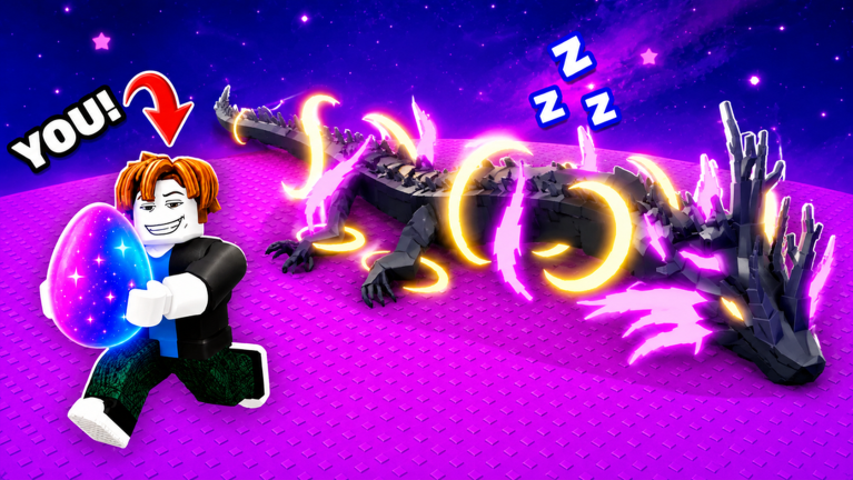 Official Steal An Egg artwork showing a player carrying a cosmic egg beside a sleeping crystal dragon